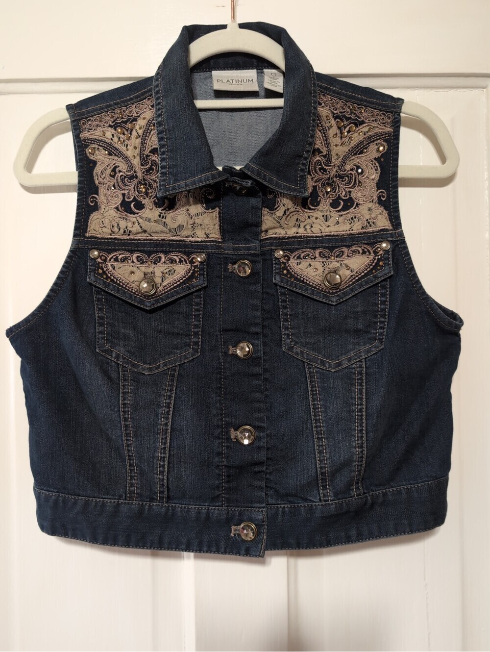 Chico's Platinum Denim Vest Country Western Lace Cottage Core Woman O(S)(1518)C